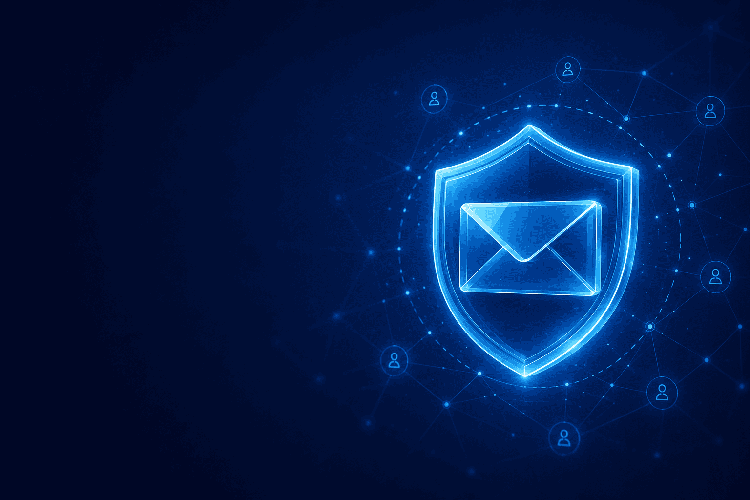 Glowing cybersecurity shield with an envelope icon representing centralized email security protection across connected business networks.