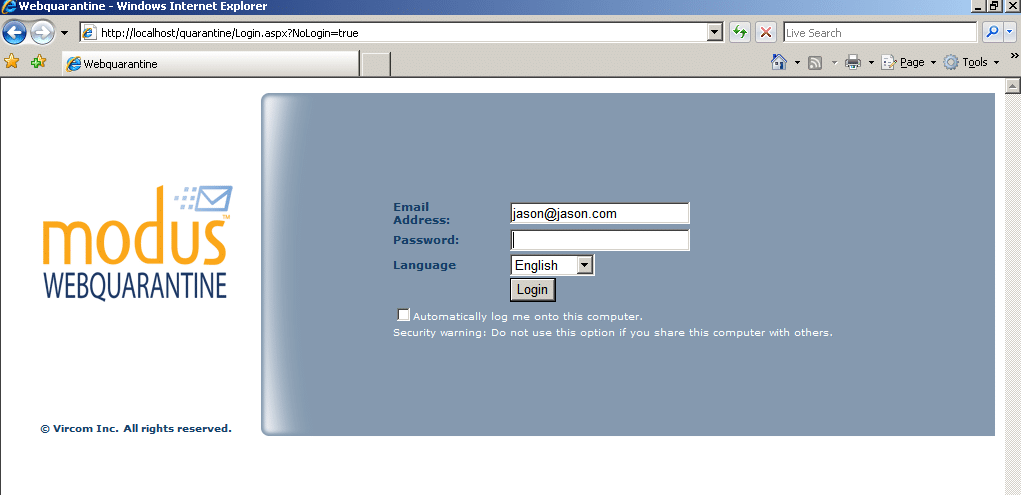 Écran de connexion des rapports de quarantaine du filtre antipourriel Web